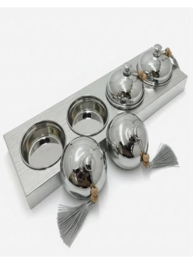 أي كي دي سي طقم أوعية حلوى AKDC مع حامل (4 قطع) - معدن فاخر بلمسة نهائية فضية، طقم تقديم مزخرف كامل، 51 × 14 × 10 سم - Image 2